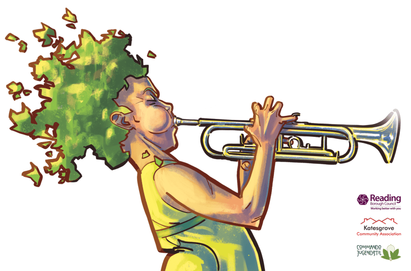 Drawing of Kate the wood nymph playing a trumpet