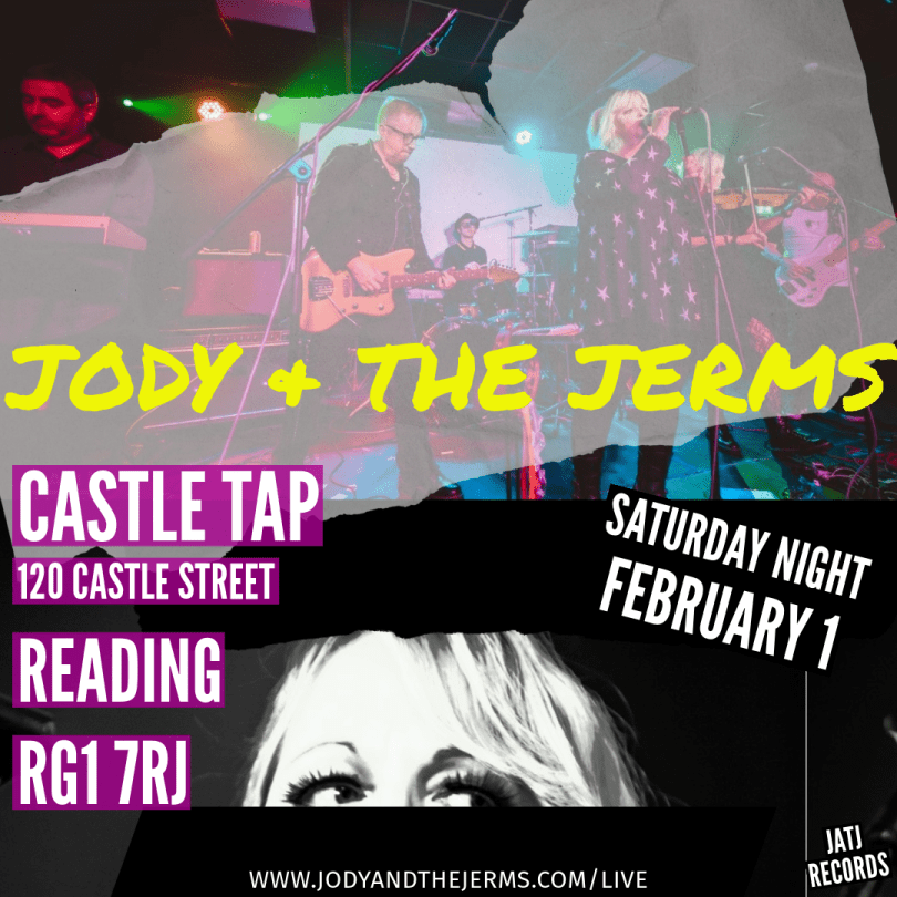 Poster image with a multi-instrumental band performing as the background image in the top half and a black and white image of the top part of someone's head, mascara'd eyes just peering over the bottom banner below. Text has band name, venue date and time