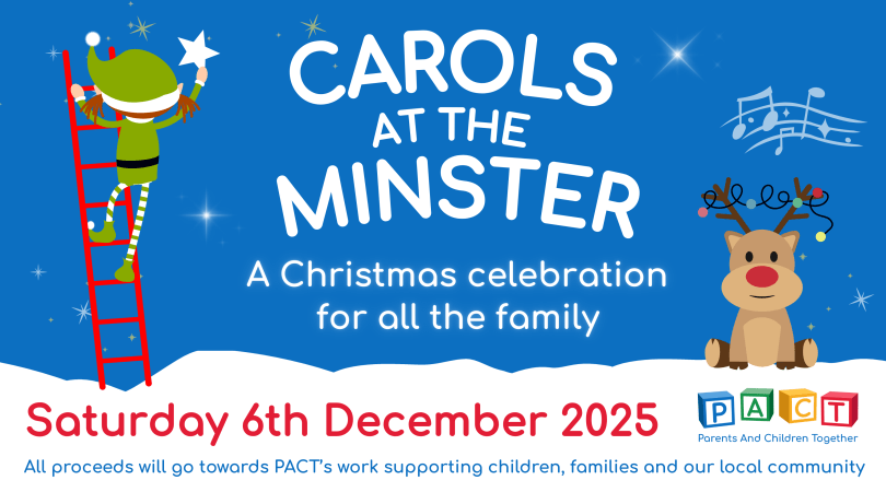 Cartoon images of a Christmas elf on a red ladder holding a star, musical notes and a reindeer with lights on its antlers