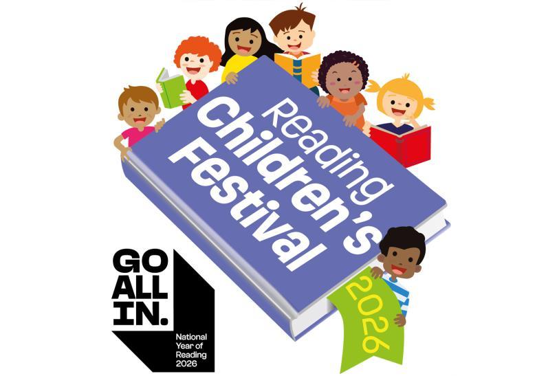 Reading Children's Festival 2026 logo with cartoon children around a giant book