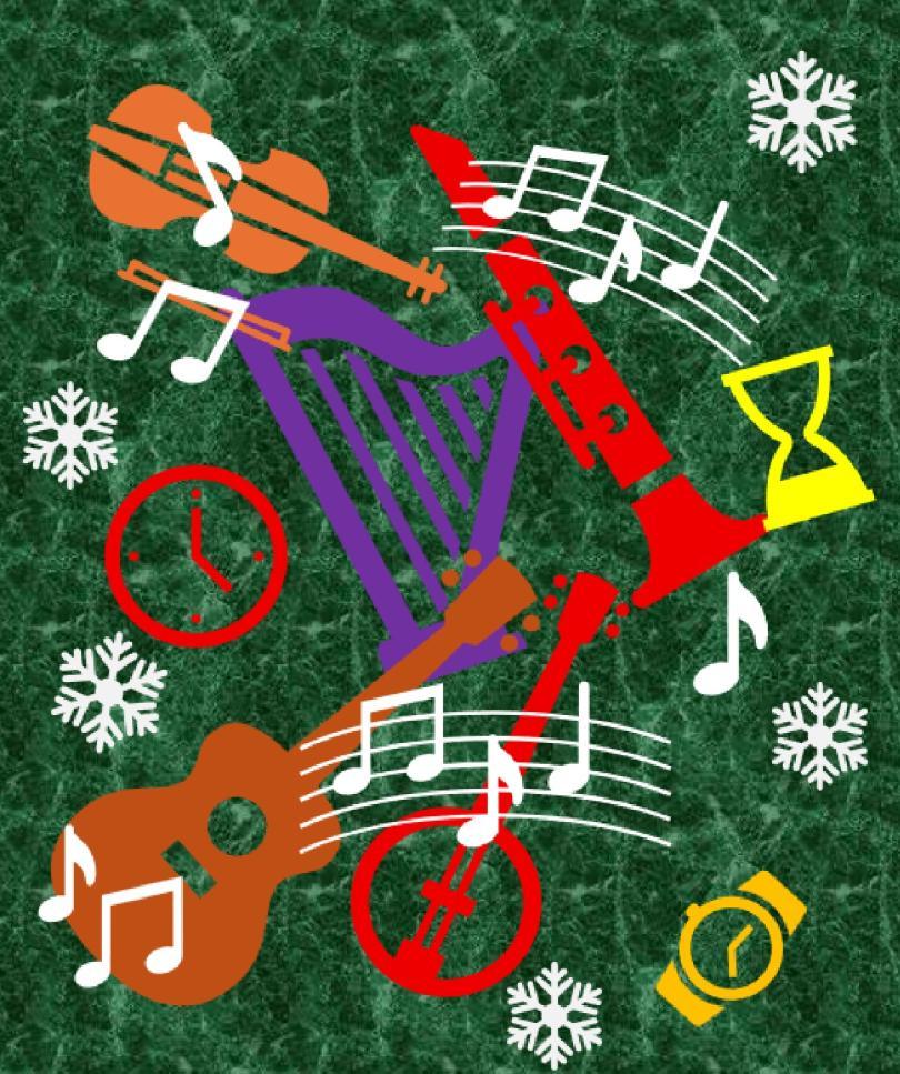 collage of images of musical instruments and musical notation, set against a dark green background, and with images of snowflakes amongs the instruments.