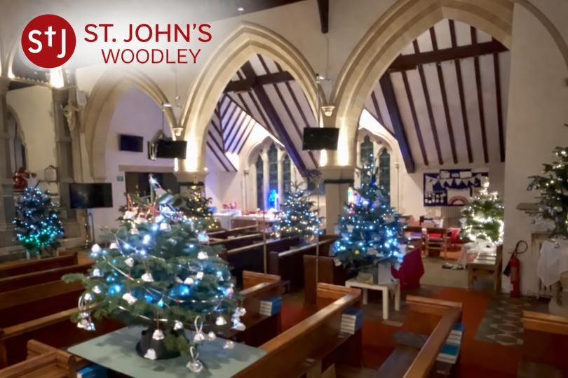 Decorated Christmas trees inside a church