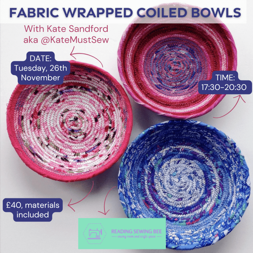 Flyer showing three fabric wrapped coiled bowls in shades of pink and blue