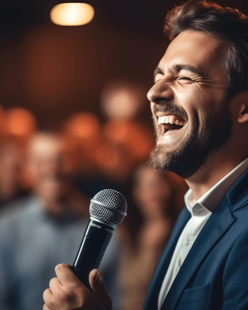 Man with his eyes closed laughing, holding a microphone.  Blurred audience in background.