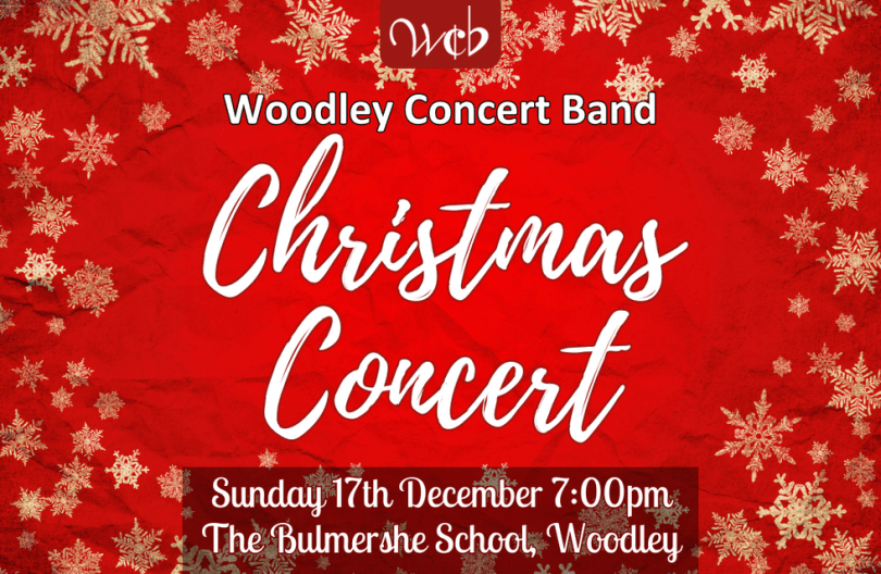 Banner image for Christmas Concert features red wrapping paper background and gold snowflakes