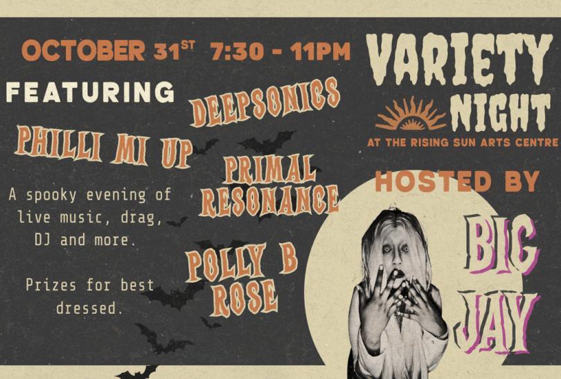 Event poster with an image of a drag performer and a list of the acts