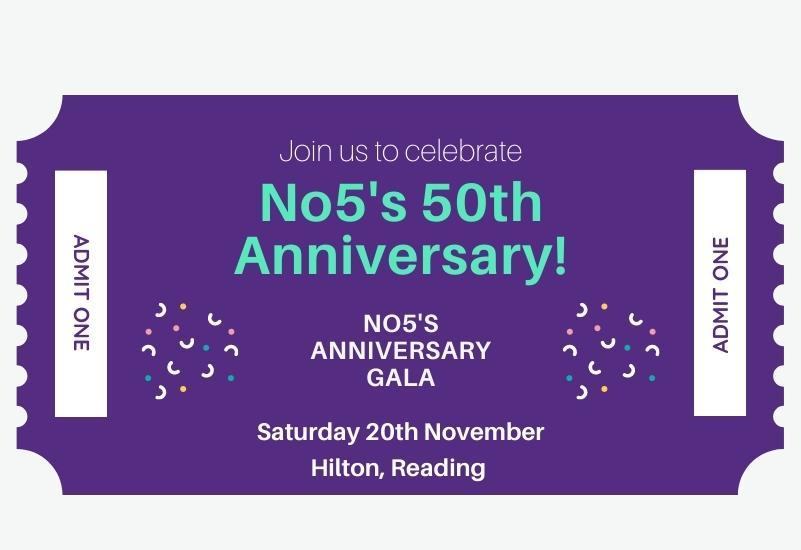 Purple ticket graphic reading "No5's 50th anniversary gala"