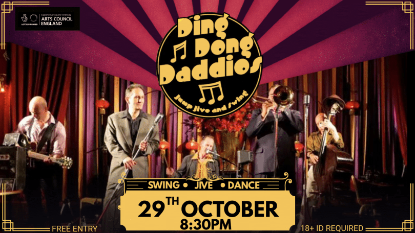 five-piece swing band holding their instruments