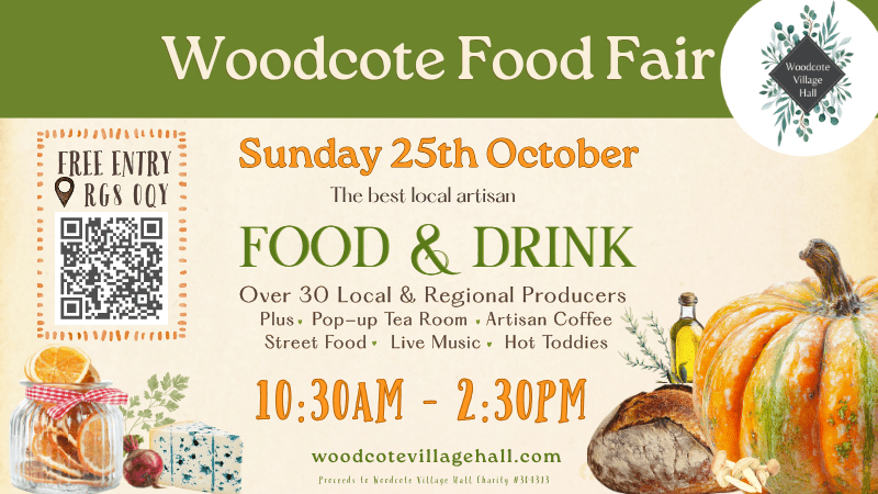 Poster for Woodcote Food Fair with an image of a pumpkin