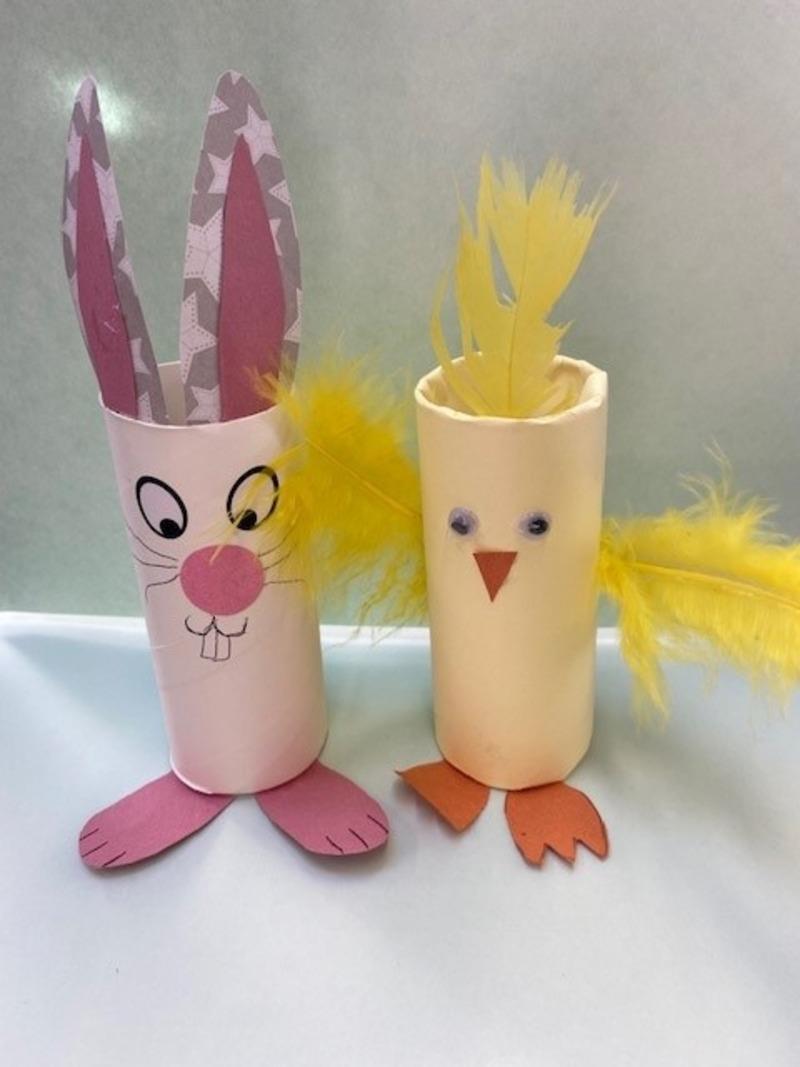 rabbit and chick models made with cardboard tubes