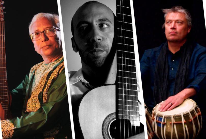 Indian Slide Guitar maestro Pandit Debasis Chakroborty, visiting from Agra, India; guitarist Giuliano Moderalli from the UK; and Sam Evans on Tabla from Australia.