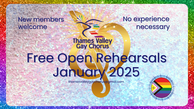 Free open rehearsals on a glitter background with the pride flag and TVGC logo