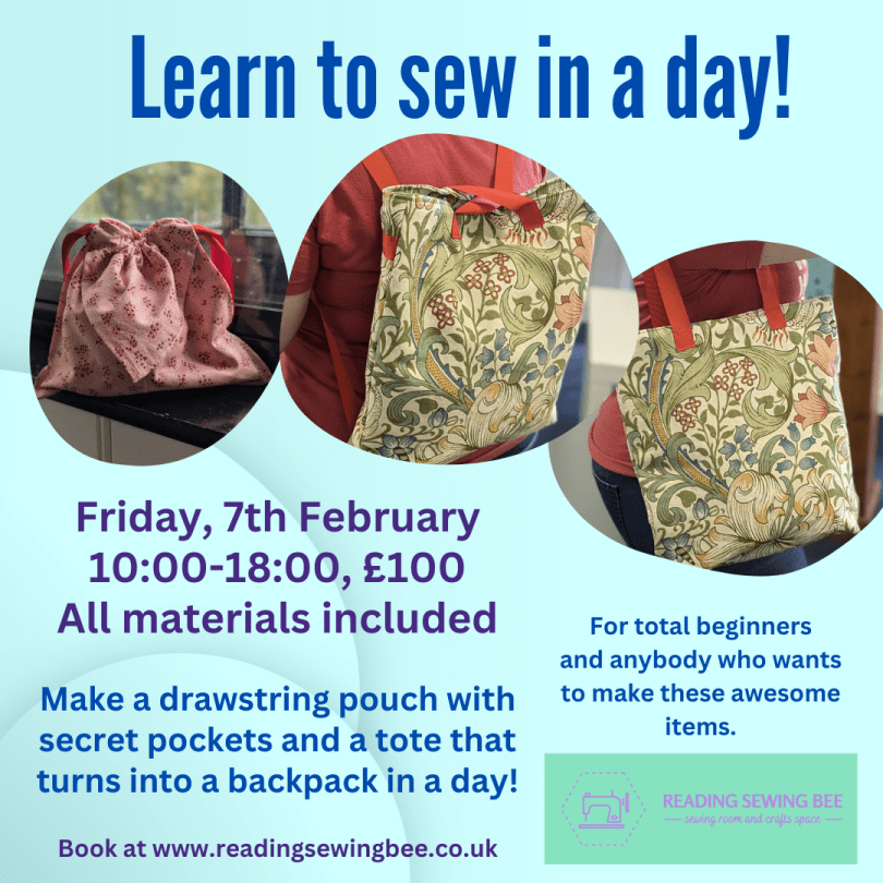 Flyer for the one-day beginners sewing course, showing the drawstring pouch and bag that are going to be made