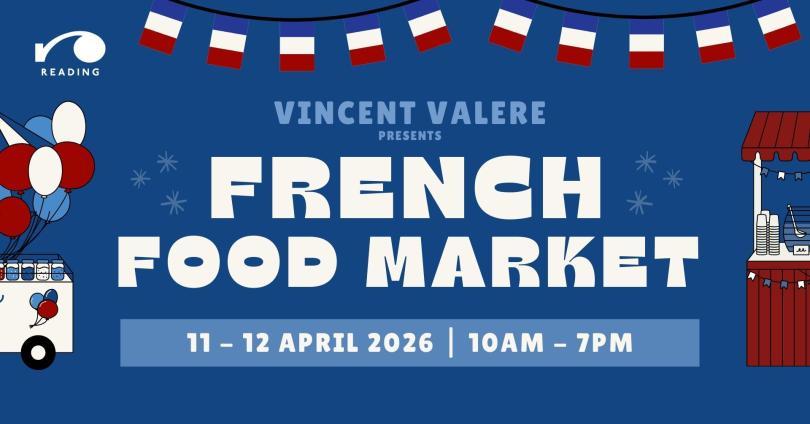 'French Food Market' poster with cartoon French flags and stalls
