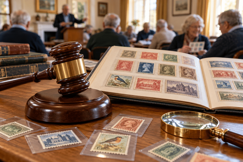 A gavel next to an open book of stamps and loose stamps in the foreground