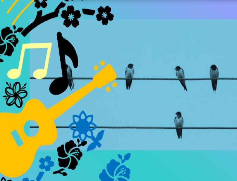 Image of birds perched on two wires. The images are black silhouettes agains a sky blue background. There are also images of a guitar, musical notes and flowers.