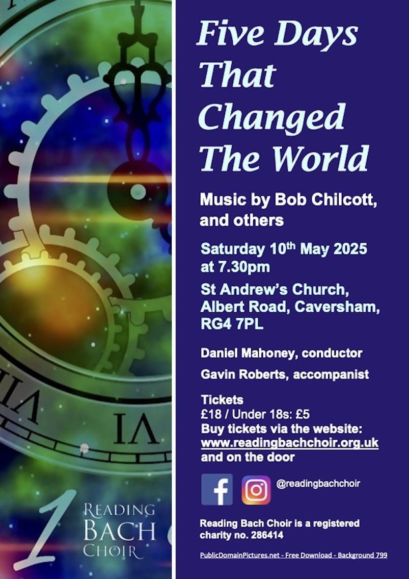Poster for Five Days concert showing cogs and clock faces