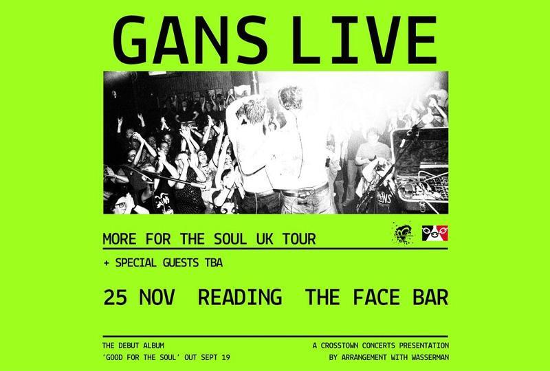 Poster for GANS LIVE, with a black and white image of the band on stage against a green background
