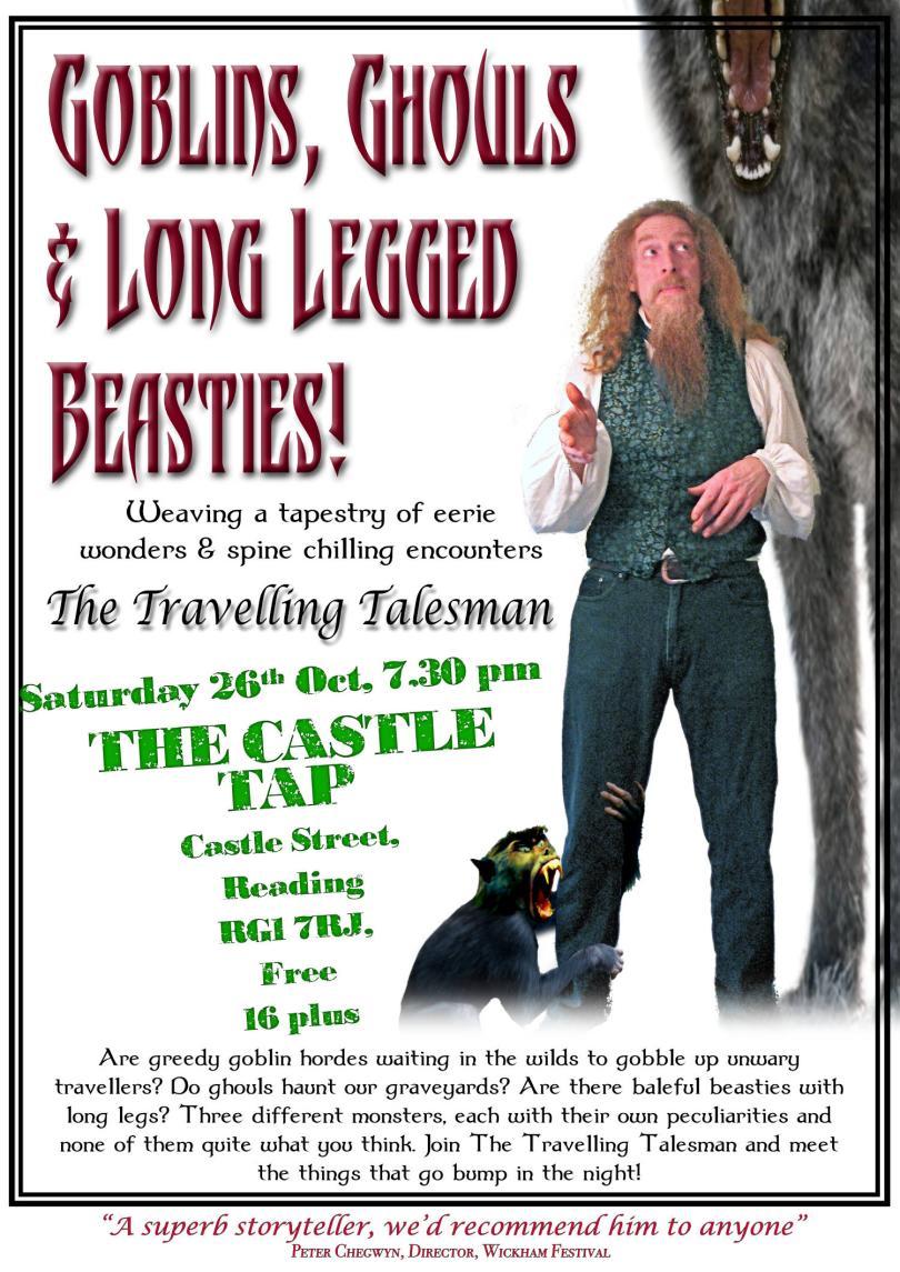 Poster with lots of information included below. On the right hand side a gentleman with long ginger hair and beard wearing a black and green waistcoat looks up towards the partially obscured figure of a giant wolf while his leg is clutched by a demonic monkey