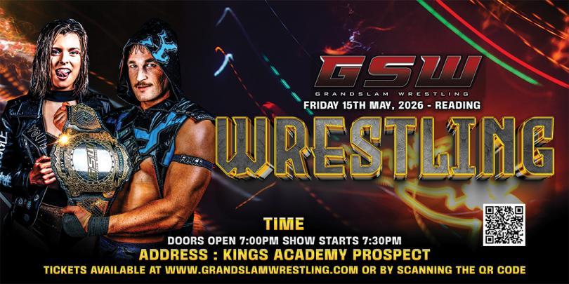 GrandSlam Wrestling poster with a photo of a male and female wrestler next to the GSW logo