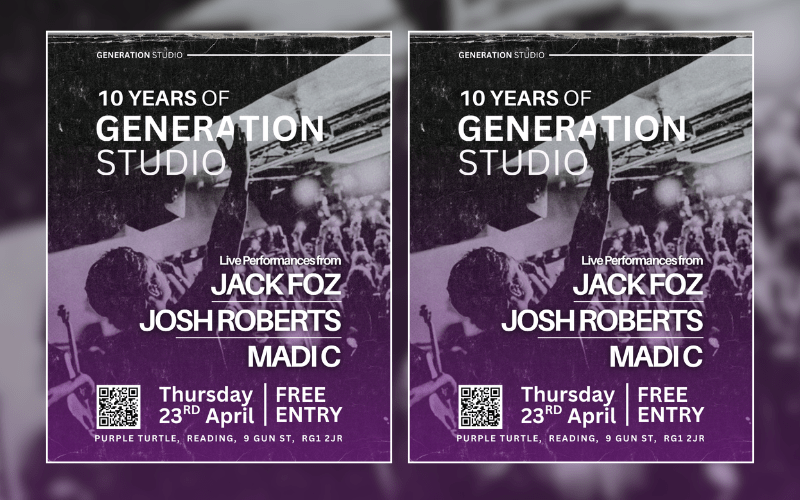 10 YEARS OF GENERATION STUDIO  On April 23rd, Generation Studio celebrates 10 years of recording music, running gigs, and working with many incredible artists. This night is all about the people who’ve made it what it is, the artists, bands, and industry friends who’ve been on the journey over the last 10 years. We’ve got a brilliant lineup featuring @jackfozmusic, @_joshrobertsmusic & @madicofficial, plus a room full of musicians, creatives and good people.  Expect great live music, plenty of familiar face