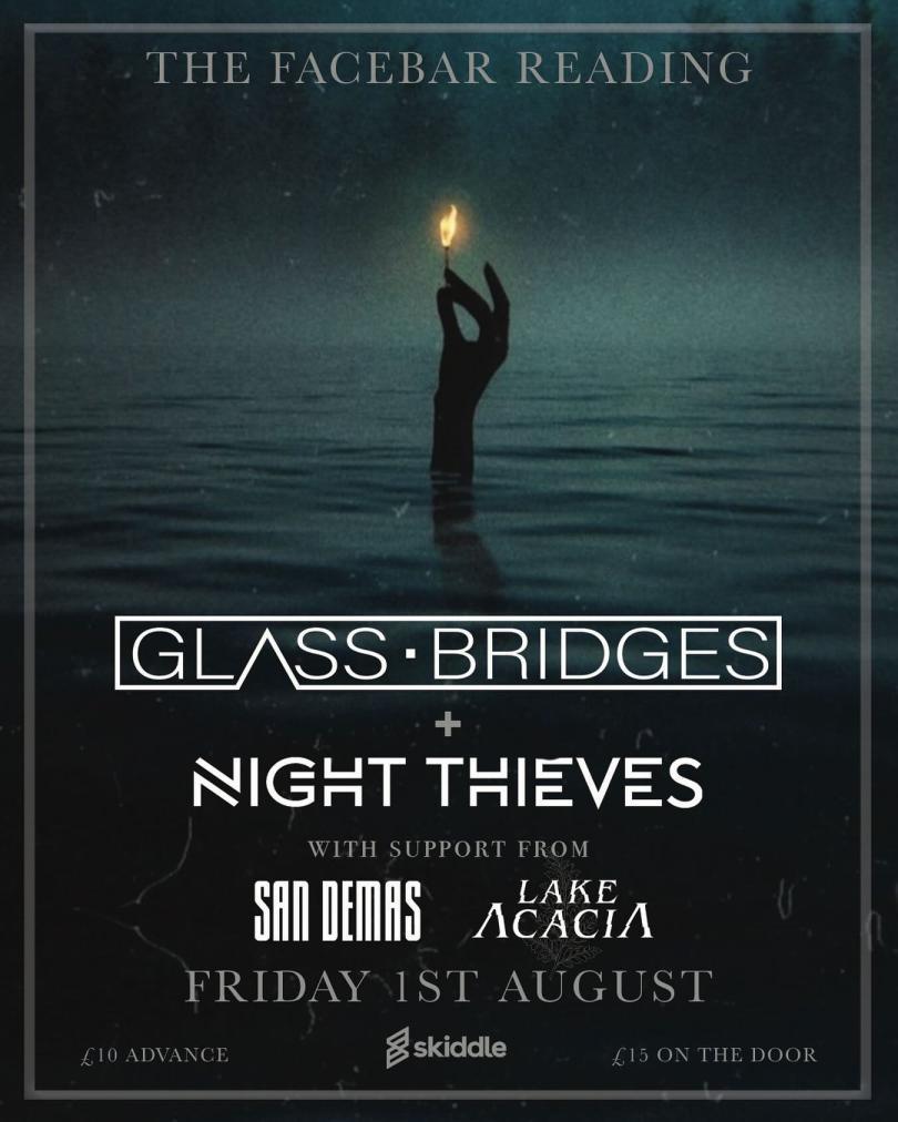 Poster for Glass Bridges gig with a hand reaching out of water