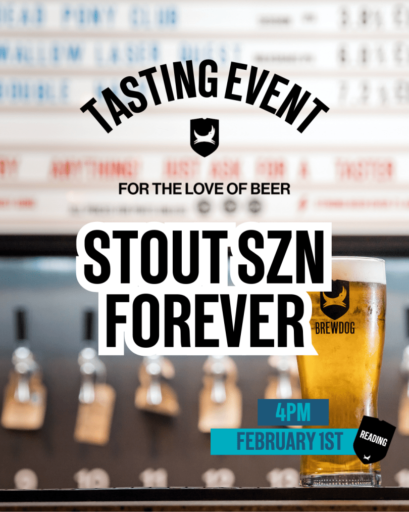 Poster advertising the event 'tasting event - stout season forever' with a pint of beer in the background.