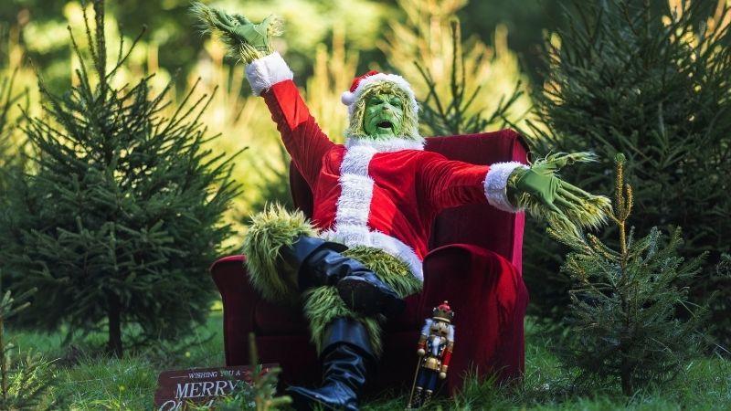 The image shows The Grumpy Green Villain sat among lots of Christmas trees on a chair with his arms outstretched.