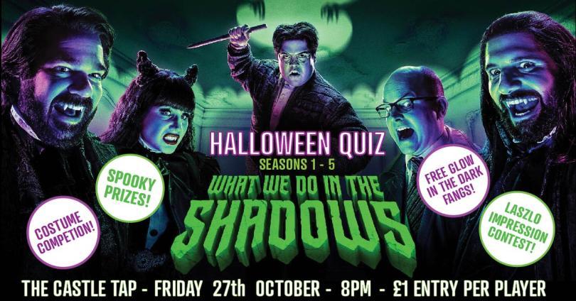 Quiz poster in shades of green, purple and black.  5 Characters from the TV show "What We Do In The Shadows" stare out at you not entirely menacingly 