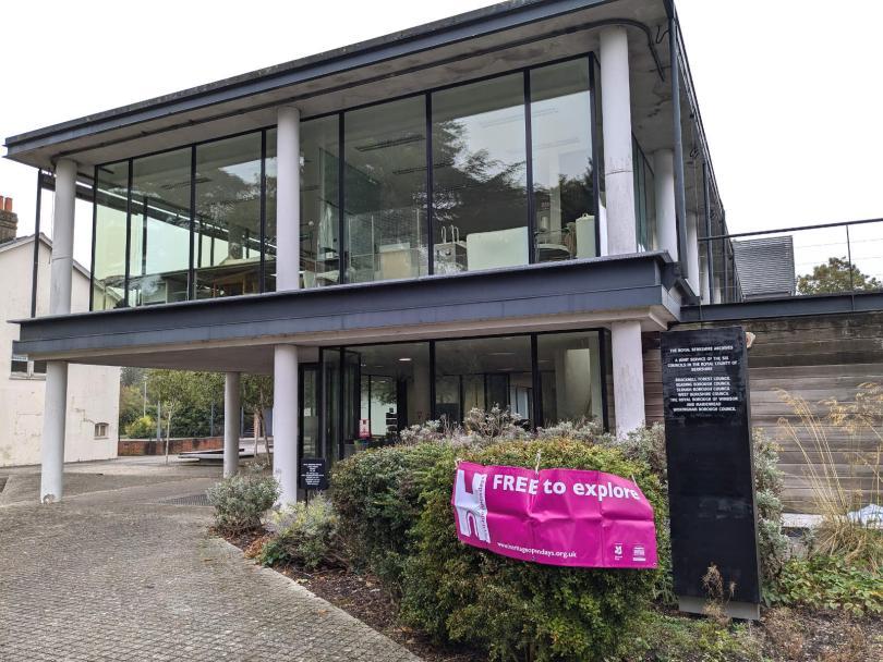 Exterior of the Royal Berkshire Archives building with a Heritage Open Days sign