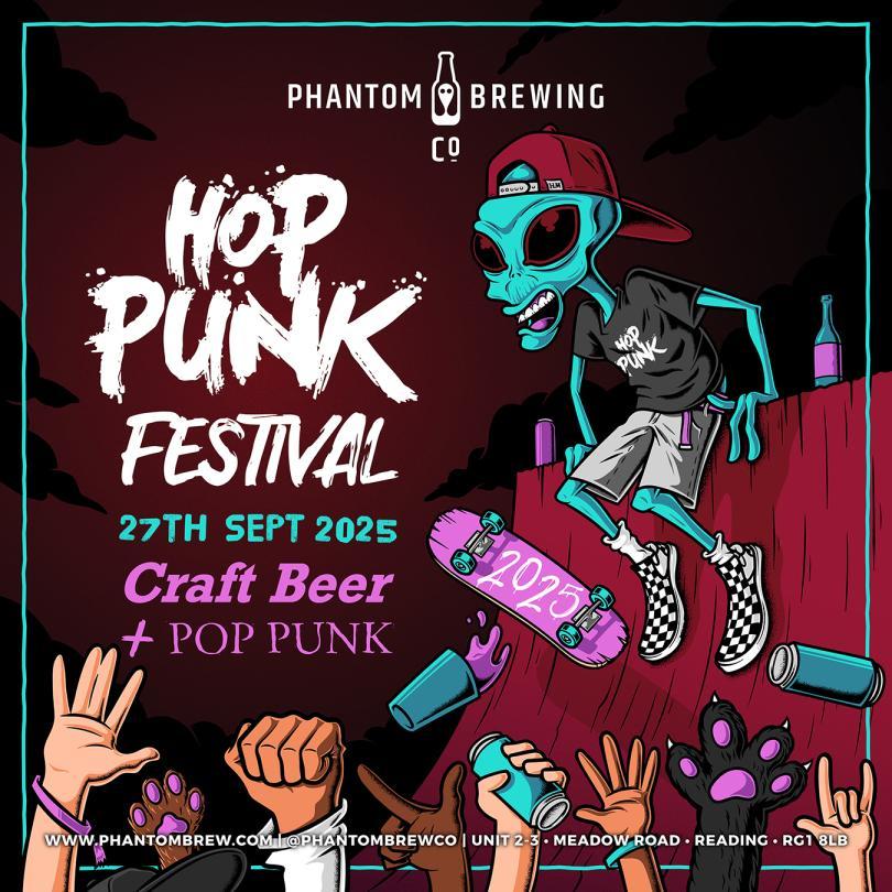 Hop Punk Festival poster with a cartoon image of a skaeboarding alien