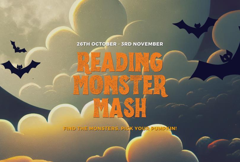 Reading Monster Mash logo in orange text with cartoon images of bats flying against a moonlit background