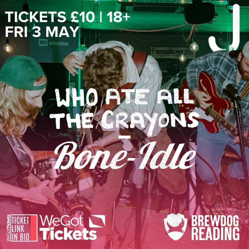 Poster with event details. The background shows the band Who Ate All The Crayons, performing live.