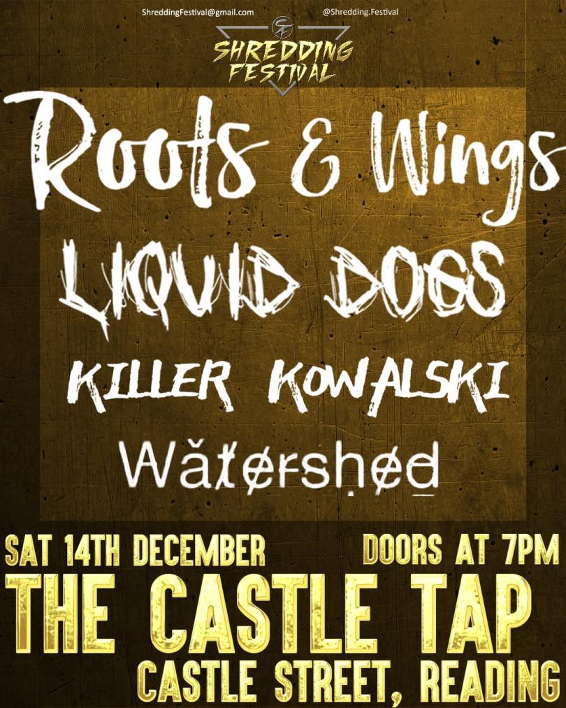 Poster with a brown background; Band names are in white in various fonts. Pub name and date in yellow at the bottom