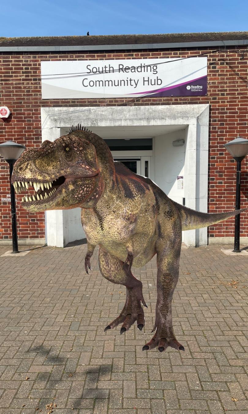 Dinosaur in front of Whitley Library