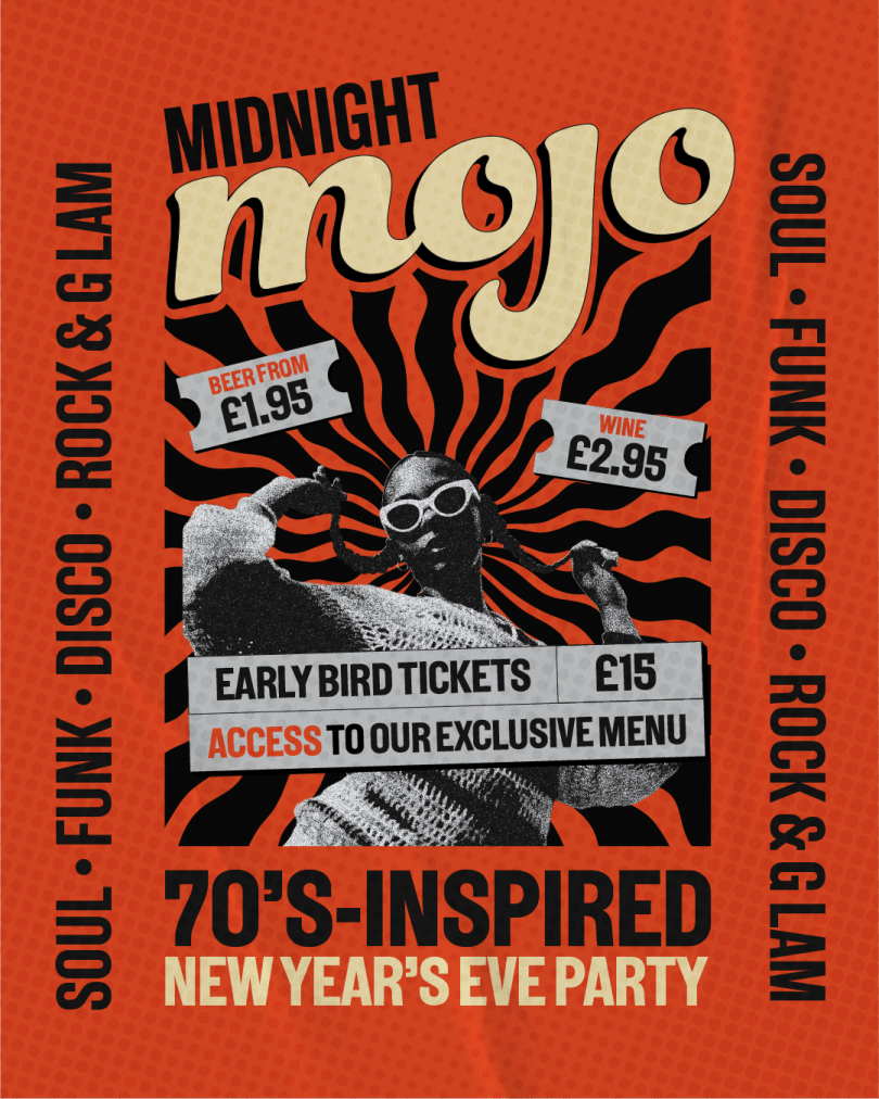 Poster in orange with a woman dancing and rays around her.