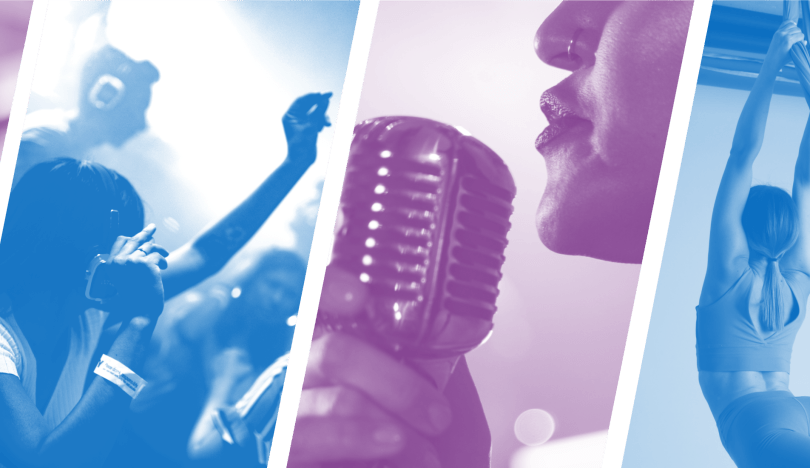 Blue and purple slanted frames showing musicians and an aerial artist