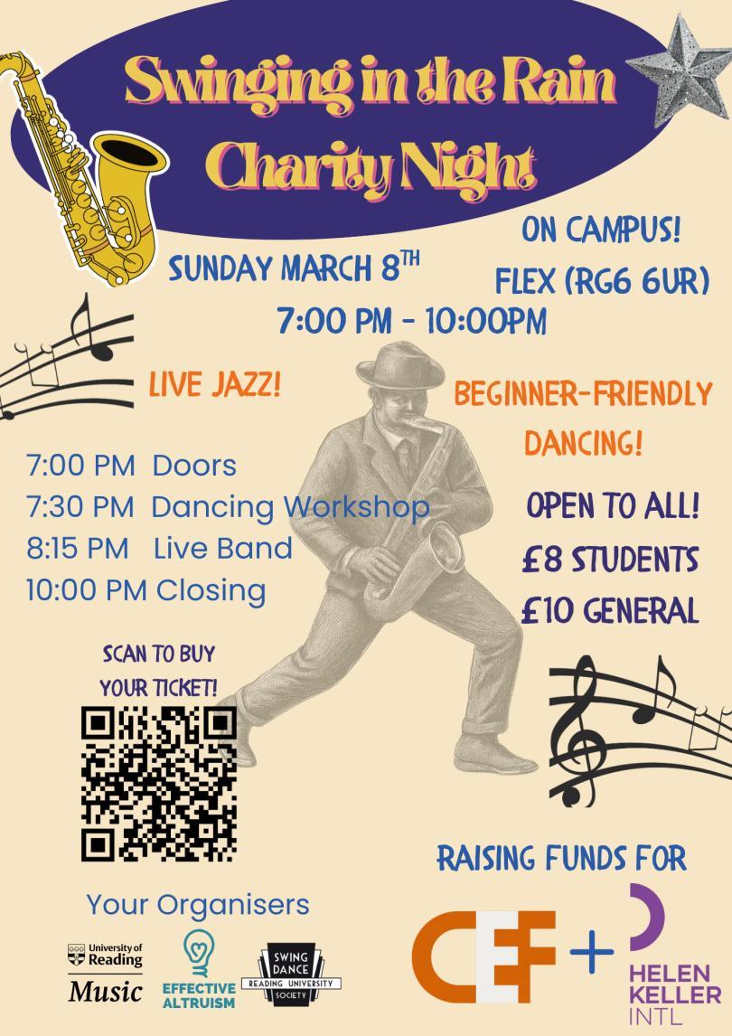 Event poster with an image of a saxaphone player and various logos