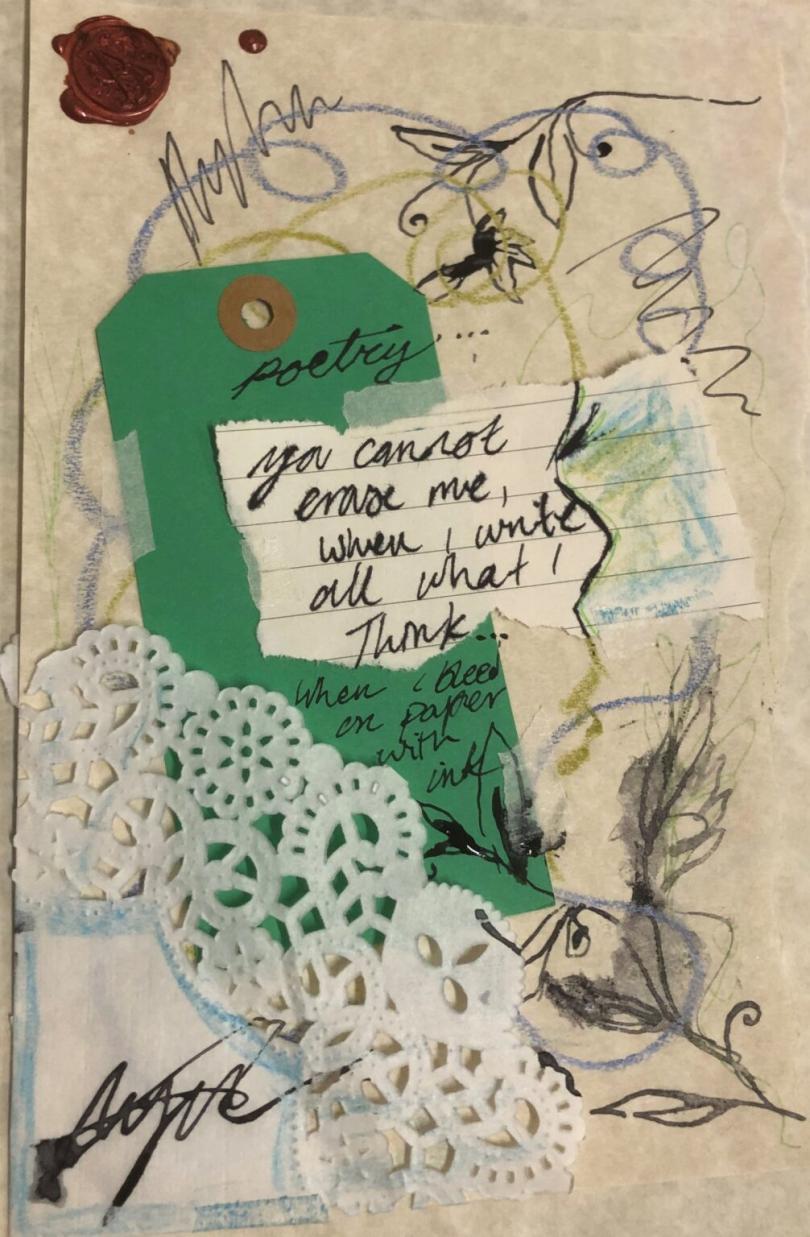 Collage of coloured paper and writing in the style of James Joyce