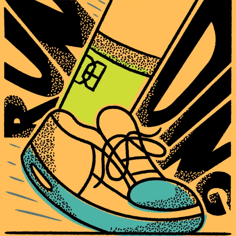 drawing of a foot in a running shoe and a Double-Barrelled branded sock with the words "Run Ding" stylized on either side
