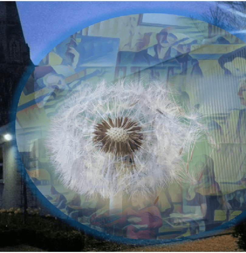 Image of a dandelion clock. In the background is Readifolk's venue, Watlington Community Hall at dusk. There are also some muted images of people singing and playing musical instruments.