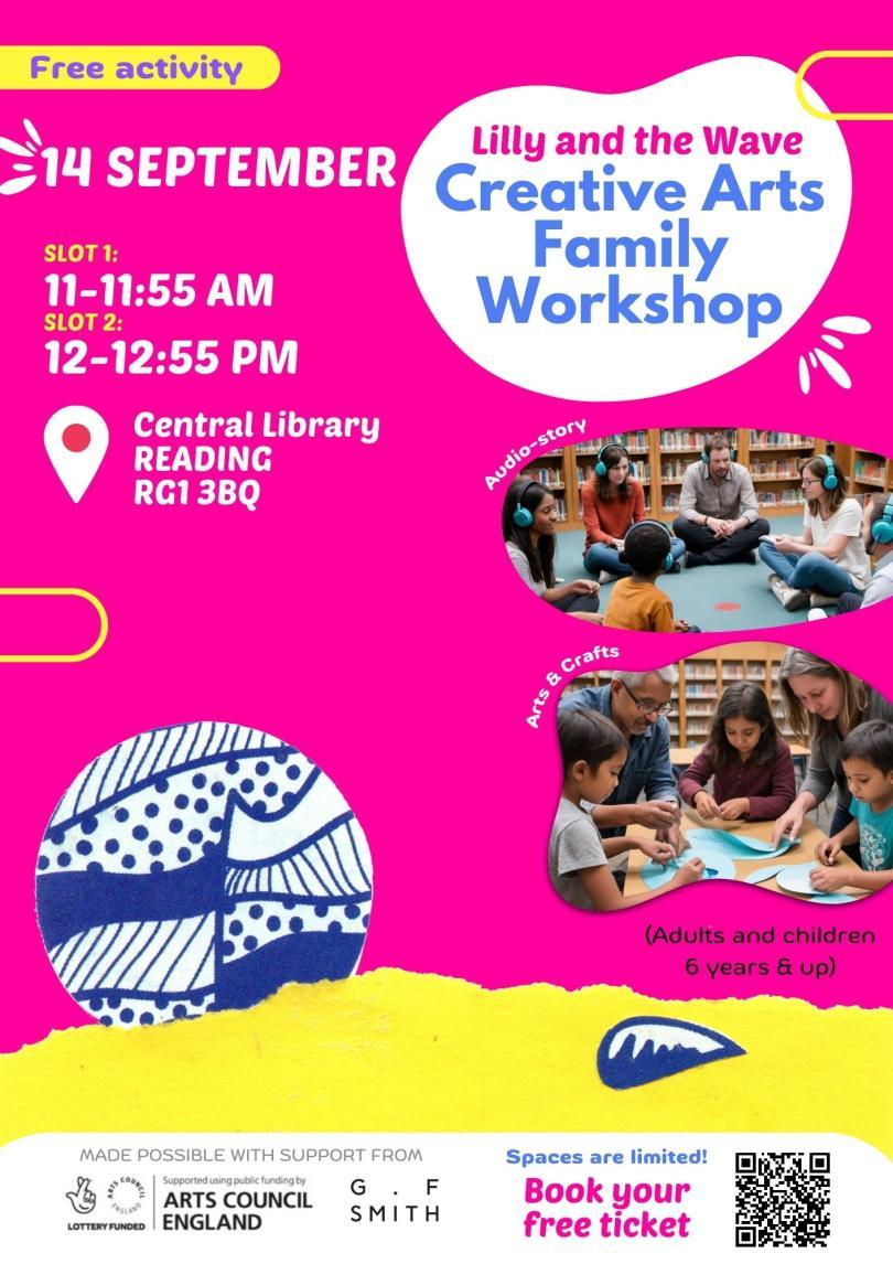 Image of Lilly and the Wave Creative Family Workshop with QR code to book a space.