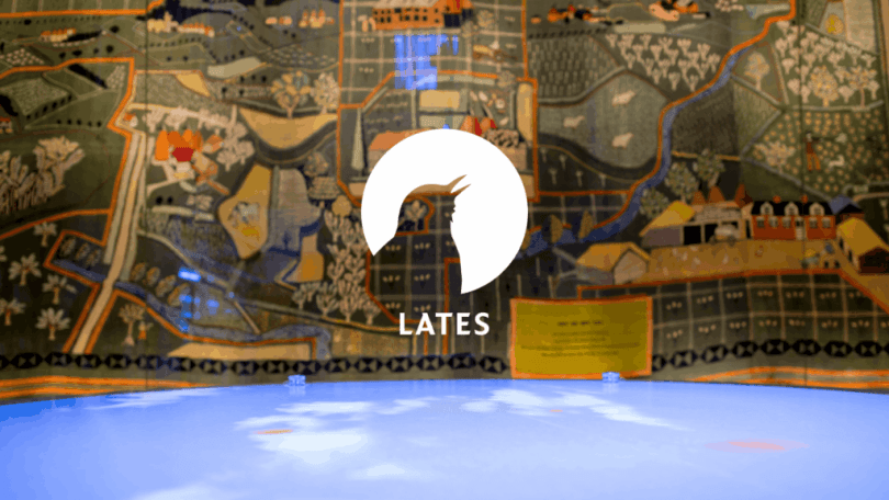 Lates logo over a background of a MERL gallery display