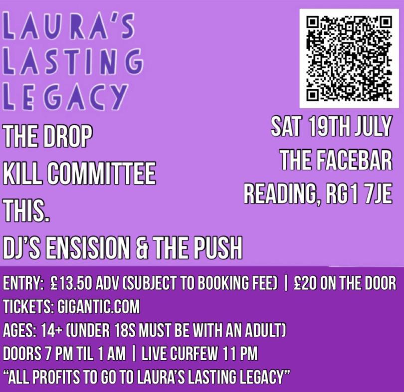 purple background poster for Laura's Lasting Legacy charity gig at the facebar. Ska band The Drop, post punk Kill Committee and This.