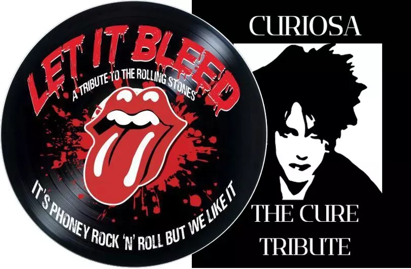 Logos for tribute bands Let it Bleed and Curiosa