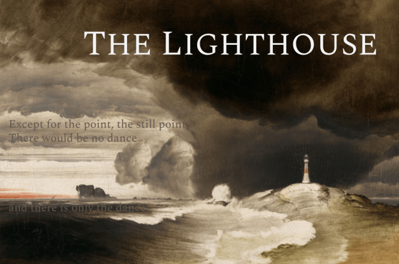 Event poster with a painting of a sea scape with a lighthouse
