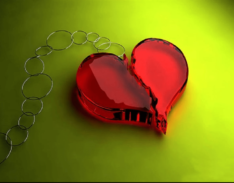 Image of a heart shaped trinket on the end of a chain. The trinket has cracks in it.