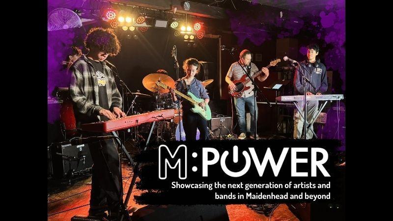 Text graphic featuring "m power - the power of music" in bold, colourful letters against a vibrant background.