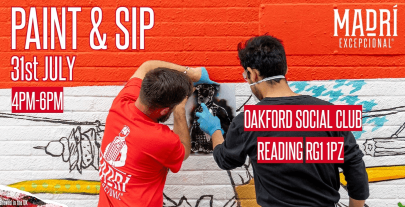 Two men shown from behind doing spray-can art on a wall with the title "Madri Paint & Sip"