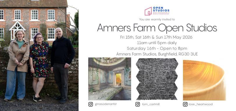 May Open Studios flyer showing the 3 artists in front of the farm house.